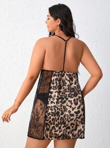 Plus Leopard Contrast Lace Slips Without Panty - Multicolor - View 2
