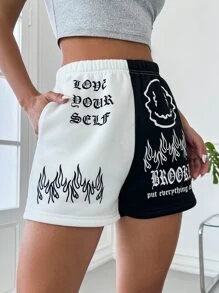 SHEIN Unity Two Tone Letter & Fire Print Shorts - Black and White - View 4