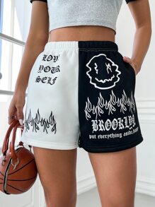 SHEIN Unity Two Tone Letter & Fire Print Shorts - Black and White - View 5