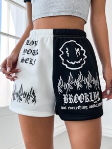SHEIN Unity Two Tone Letter & Fire Print Shorts - Black and White - View 6