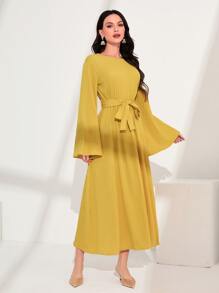 Al Najma Flounce Sleeve Belted Dress - Yellow - View 1
