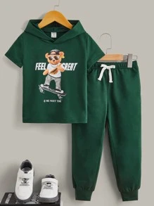 SHEIN Toddler Boys' Hooded T-shirt And Sweatshirt Set With Letter And Cartoon Print