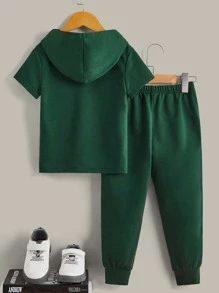 SHEIN Toddler Boys' Hooded T-shirt And Sweatshirt Set With Letter And Cartoon Print