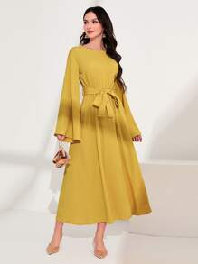 Al Najma Flounce Sleeve Belted Dress - Yellow - View 3