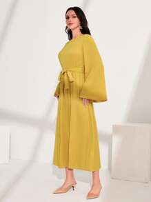 Al Najma Flounce Sleeve Belted Dress - Yellow - View 4