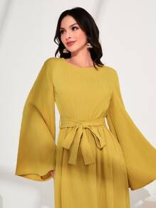 Al Najma Flounce Sleeve Belted Dress - Yellow - View 5