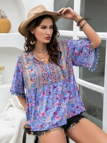 Rusttydustty Plus Floral Print Tassel Cuff Blouse - Multicolor - View 1