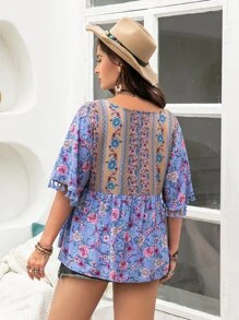 Rusttydustty Plus Floral Print Tassel Cuff Blouse - Multicolor - View 2