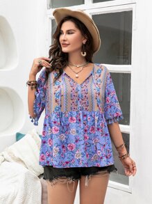 Rusttydustty Plus Floral Print Tassel Cuff Blouse - Multicolor - View 3