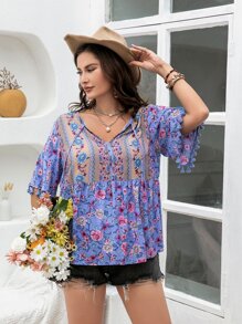 Rusttydustty Plus Floral Print Tassel Cuff Blouse - Multicolor - View 6
