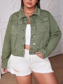 SHEIN Plus Pocket Front Denim Jacket - Army Green - View 1