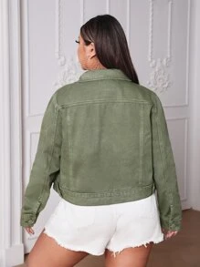 SHEIN Plus Pocket Front Denim Jacket - Army Green - View 2