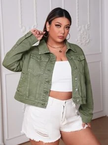 SHEIN Plus Pocket Front Denim Jacket - Army Green - View 3