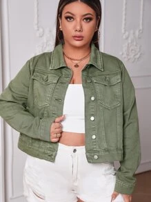 SHEIN Plus Pocket Front Denim Jacket - Army Green - View 4