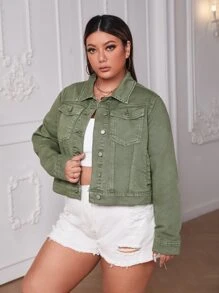 SHEIN Plus Pocket Front Denim Jacket - Army Green - View 5
