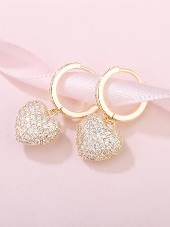 方晶鋯石愛心裝飾耳環