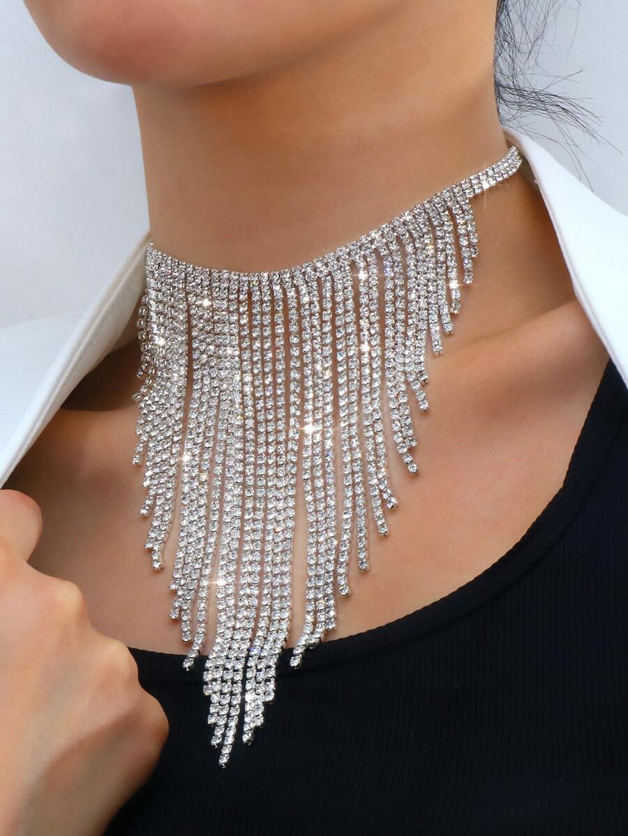 Vòng cổ trang trí tua rhinestone - Bạc - Xem 1