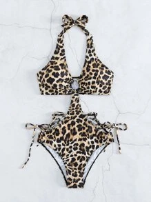 SHEIN Swim Leopard Cut-Out Lace Up One Piece Swimsuit,Summer Beach - Multicolor - View 4