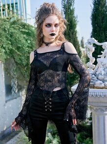 ROMWE Goth Áo nữ Bất đối xứng Cắt ra cắt Tất cả trên in Gợi cảm - màu đen - Xem 1