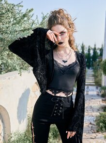 ROMWE Goth Paisley Print Bell Sleeve Crop Top - Black - View 1