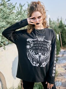 ROMWE Goth Butterfly & Letter Graphic Drop Shoulder Tee - Black - View 2