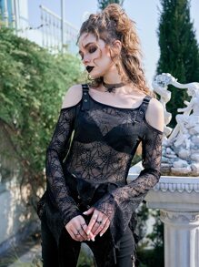 ROMWE Goth Áo nữ Bất đối xứng Cắt ra cắt Tất cả trên in Gợi cảm - màu đen - Xem 2
