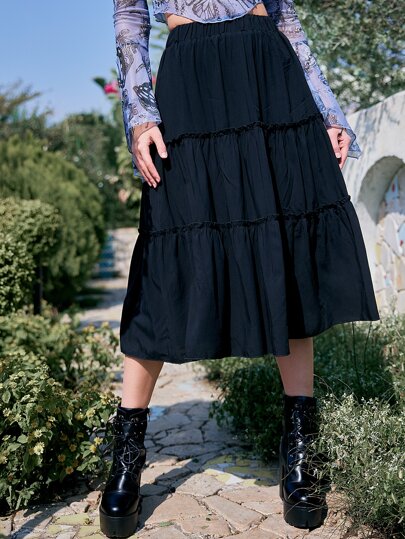 Jupe Unicolore À Plis À Volants