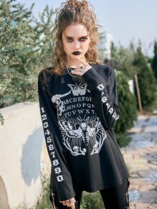 ROMWE Goth Butterfly & Letter Graphic Drop Shoulder Tee - Black - View 3