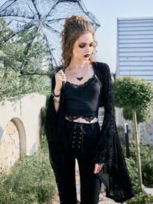 ROMWE Goth Paisley Print Bell Sleeve Crop Top - Black - View 2