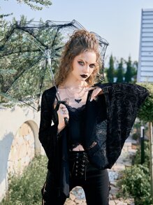 ROMWE Goth Paisley Print Bell Sleeve Crop Top - Black - View 3