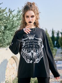 ROMWE Goth Butterfly & Letter Graphic Drop Shoulder Tee - Black - View 4