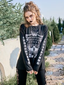 ROMWE Goth Butterfly & Letter Graphic Drop Shoulder Tee - Black - View 5
