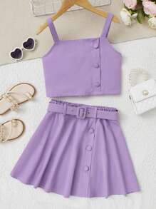 SHEIN Girls Button Front Cami Top & Belted Skirt - Lilac Purple - View 1