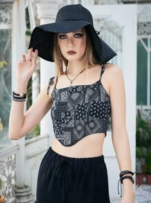 ROMWE Paisley Print Bandana Cami Top - Black and White - View 2