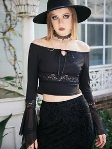 ROMWE Goth Off Shoulder Lace Trim Crop Tee - Black - View 3