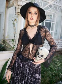 ROMWE Goth 蕾絲薄透上衣不附文胸 - 黑色 - 查看 1