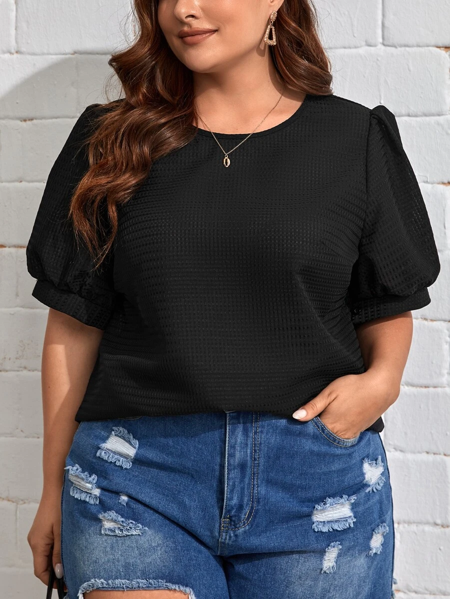 SHEIN Privé Plus Solid Puff Sleeve Blouse - Black - View 1