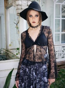 ROMWE Goth 蕾絲薄透上衣不附文胸 - 黑色 - 查看 2