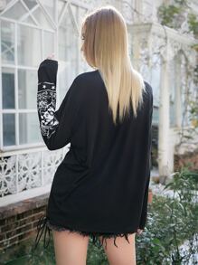 ROMWE Goth Letter Floral Graphic Tee - Black - View 6