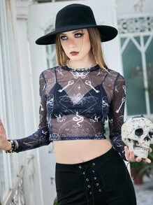 ROMWE Goth Top de cráneo con estampado crop de malla sin sujetador - Blanco y Negro - Ver 3