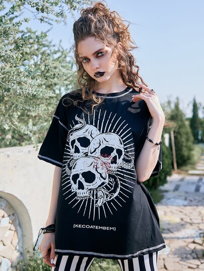 Kecoatembem T-shirt à imprimé serpent et tête de mort