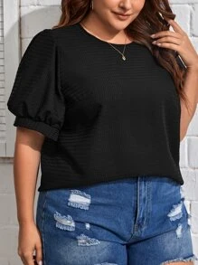 SHEIN Privé Plus Solid Puff Sleeve Blouse - Black - View 3