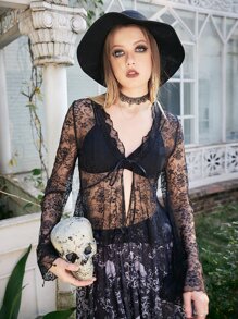 ROMWE Goth 蕾絲薄透上衣不附文胸 - 黑色 - 查看 5