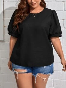 SHEIN Privé Plus Solid Puff Sleeve Blouse - Black - View 4