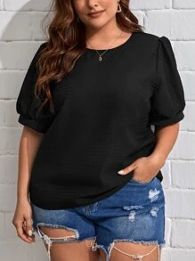 SHEIN Privé Plus Solid Puff Sleeve Blouse - Black - View 5