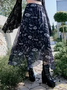 ROMWE Goth Bones & Plants Print Mesh Overlay Skirt - Black and White - View 1
