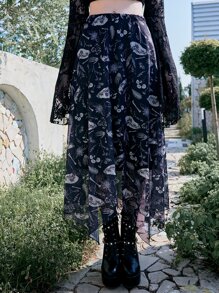 ROMWE Goth Bones & Plants Print Mesh Overlay Skirt - Black and White - View 2
