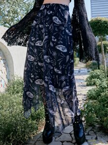 ROMWE Goth Bones & Plants Print Mesh Overlay Skirt - Black and White - View 3