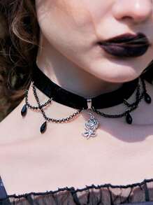 ROMWE Goth Gargantilla con diseño flor & de cuenta - Negro - Ver 5