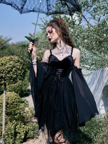 ROMWE Goth Lace Up Mesh Overlay Dress - Black - View 1